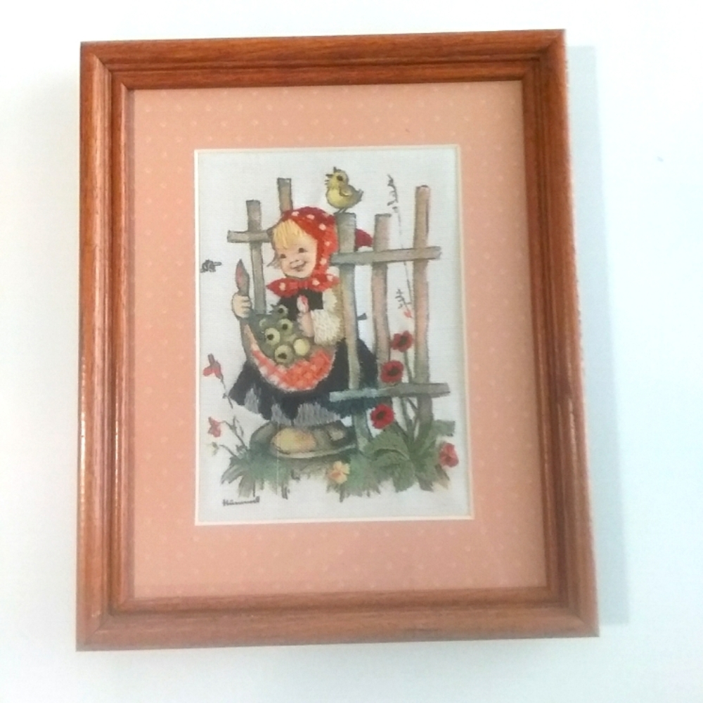 Hummel Framed Needlework 9x11 Girl with Fruit in Apron Bird Trellis Matted 5x7